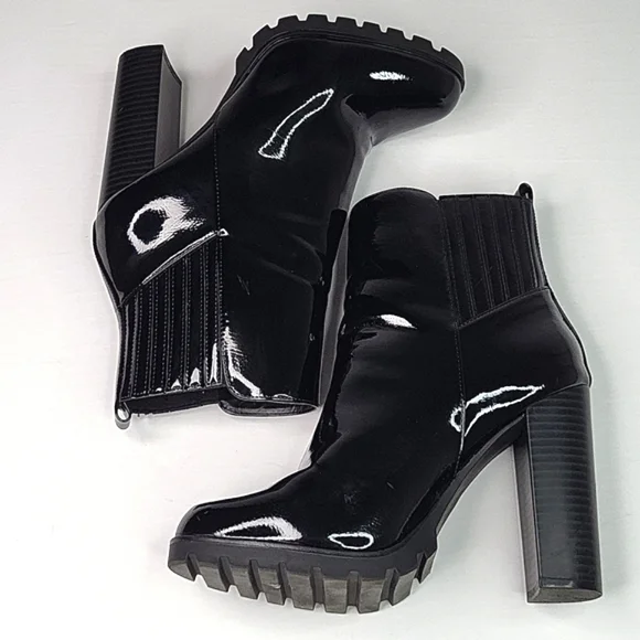 Just Fab Black Lug Sole Block Patent Leather Boots - Picture 16 of 17